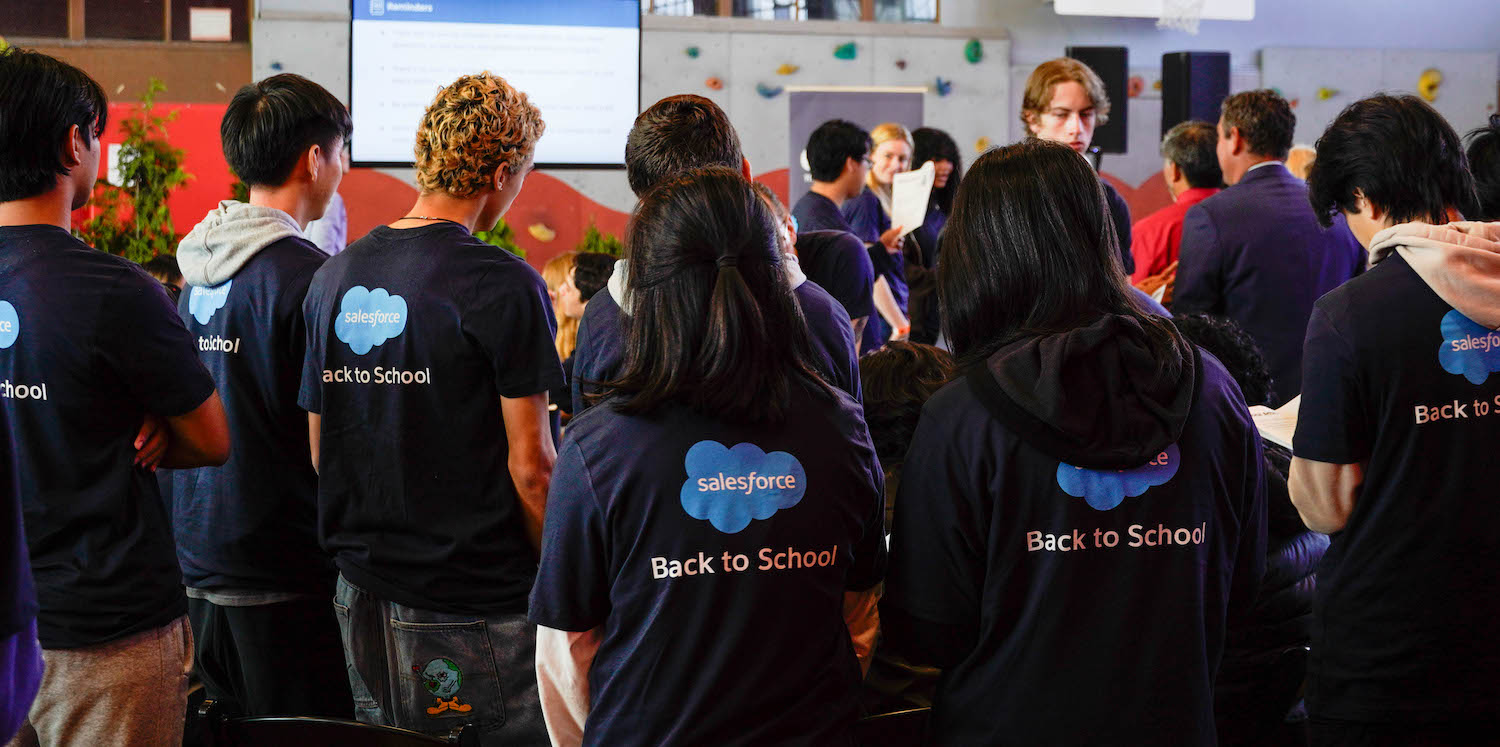 Students participate in hands-on artificial intelligence workshops during Salesforce's "Back to School" event at George Washington High School in San Francisco